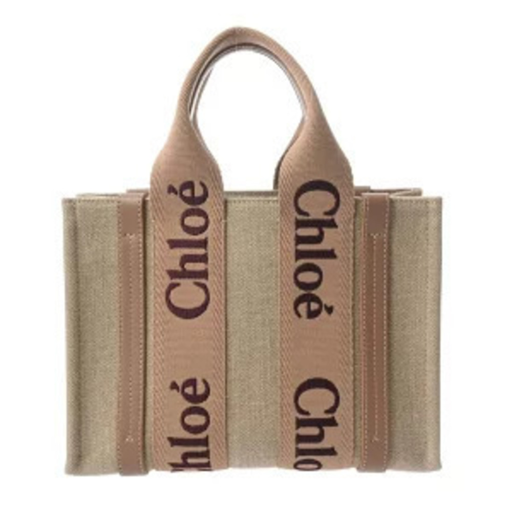 Chloe Woody Tote Bag Brassy Beige Cream Canvas Calf Leather